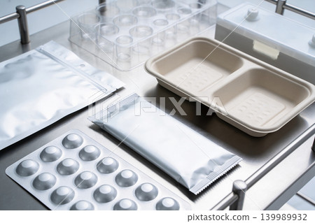 Assortment of sterile packaging and medical supplies on a stainless steel tray Assortment of sterile packaging and medical supplies on a stainless steel tray 139989932