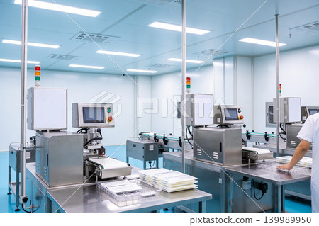 Automated packaging line in a sterile cleanroom environment with advanced machinery Automated packaging line in a sterile cleanroom environment with advanced machinery 139989950