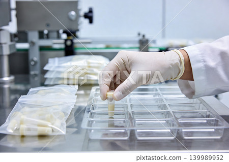 Scientist in sterile gloves places sample vial into laboratory tray for analysis Scientist in sterile gloves places sample vial into laboratory tray for analysis 139989952