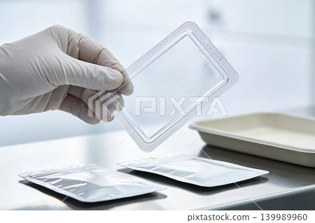 Gloved hand holding a clear plastic blister pack over sealed pouches Gloved hand holding a clear plastic blister pack over sealed pouches 139989960