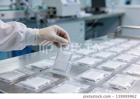 Scientist in sterile lab coat and gloves handling sealed product samples on a cleanroom table Scientist in sterile lab coat and gloves handling sealed product samples on a cleanroom table 139989962