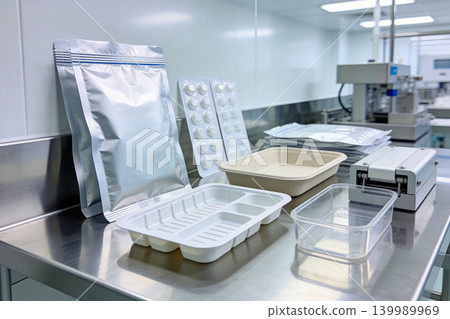 Pharmaceutical packaging and laboratory equipment on a sterile stainless steel counter Pharmaceutical packaging and laboratory equipment on a sterile stainless steel counter 139989969