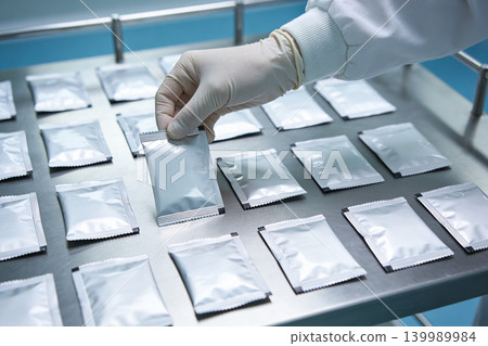 Gloved hand selects sealed silver foil packets from a tray in a clean room 139989984