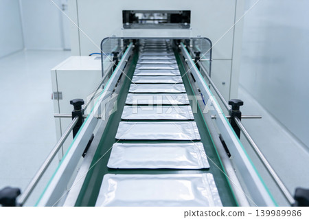 Automated packaging line with sealed pouches moving on a conveyor belt Automated packaging line with sealed pouches moving on a conveyor belt 139989986
