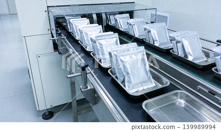 Automated packaging line processing silver pouches on a conveyor belt in a clean room Automated packaging line processing silver pouches on a conveyor belt in a clean room 139989994