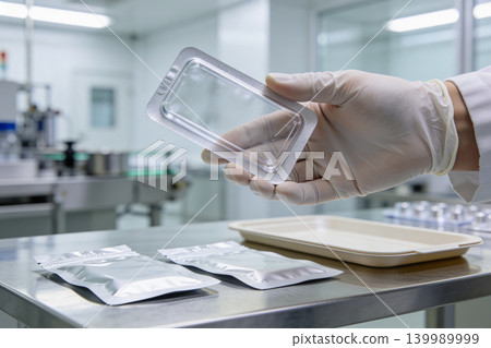 Gloved hand holding a clear blister pack in a sterile laboratory environment Gloved hand holding a clear blister pack in a sterile laboratory environment 139989999