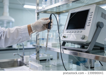 Scientist in lab coat uses probe with digital device for scientific experiment Scientist in lab coat uses probe with digital device for scientific experiment 139990041