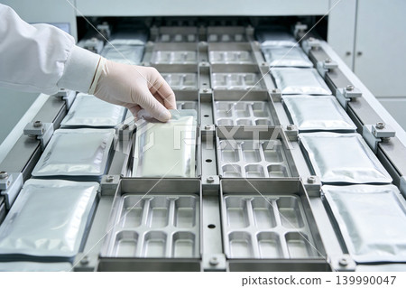 Gloved hand places sealed pouch into automated packaging machine tray Gloved hand places sealed pouch into automated packaging machine tray 139990047