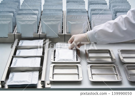 Scientist in sterile gloves places sealed pouch into tray for quality control testing 139990050