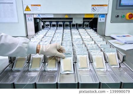 Scientist in sterile lab coat and gloves handling packaged samples on automated production line Scientist in sterile lab coat and gloves handling packaged samples on automated production line 139990079