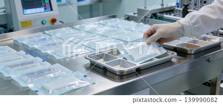 Sterile medical supplies being packaged and inspected on a cleanroom production line 139990082