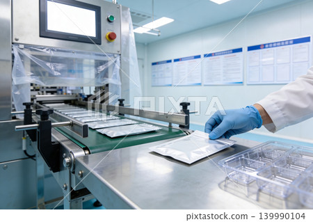 Automated packaging line in a cleanroom facility with a gloved hand inspecting products Automated packaging line in a cleanroom facility with a gloved hand inspecting products 139990104