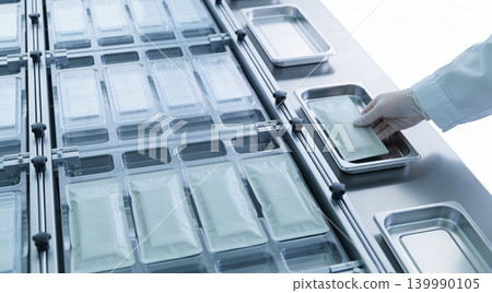Automated packaging process in a sterile laboratory environment with gloved hand Automated packaging process in a sterile laboratory environment with gloved hand 139990105