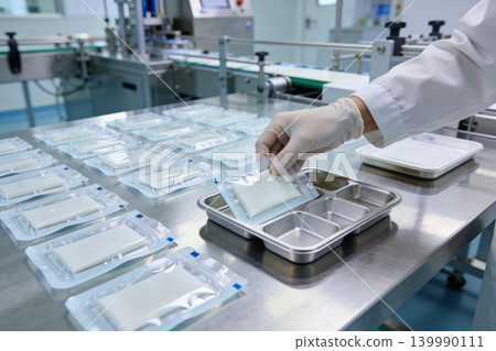 Sterile medical supplies being packaged and sorted in a cleanroom production facility Sterile medical supplies being packaged and sorted in a cleanroom production facility 139990111