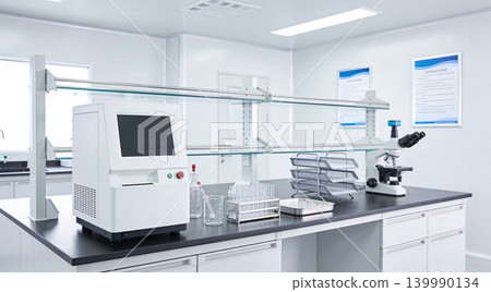 Modern laboratory equipment with microscope and analytical instrument on a clean bench Modern laboratory equipment with microscope and analytical instrument on a clean bench 139990134