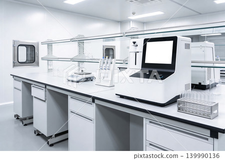 Modern laboratory equipment setup with digital analyzer and precision scale Modern laboratory equipment setup with digital analyzer and precision scale 139990136