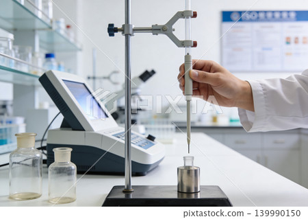 Scientist performing titration experiment with automated equipment in a modern laboratory setting Scientist performing titration experiment with automated equipment in a modern laboratory setting 139990150
