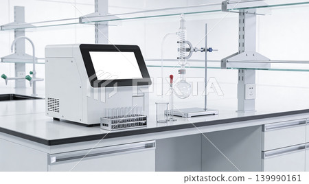 Modern laboratory equipment setup with digital display and glassware for scientific research Modern laboratory equipment setup with digital display and glassware for scientific research 139990161
