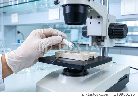 Scientist in sterile gloves prepares sample for microscopic examination in a laboratory Scientist in sterile gloves prepares sample for microscopic examination in a laboratory 139990189