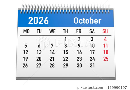 October 2026 desk calendar, 3d rendering October 2026 desk calendar, 3d rendering 139990197