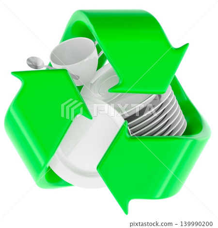 Plates, cups and cutlery inside green recycle arrows, 3d rendering 139990200