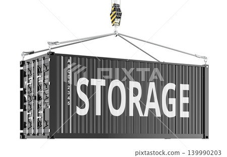 Storage, shipping container lifted by crane hook. 3D rendering Storage, shipping container lifted by crane hook. 3D rendering 139990203