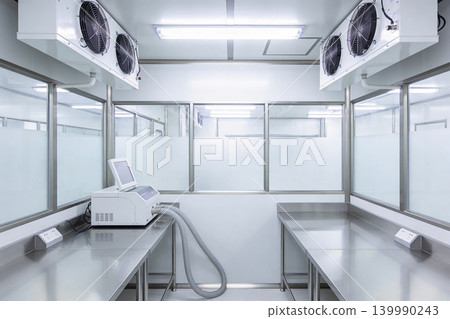 Modern laboratory clean room with stainless steel surfaces and advanced equipment Modern laboratory clean room with stainless steel surfaces and advanced equipment 139990243