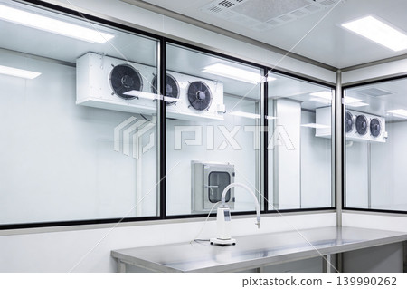 Modern laboratory cleanroom with cooling units and stainless steel workbench Modern laboratory cleanroom with cooling units and stainless steel workbench 139990262