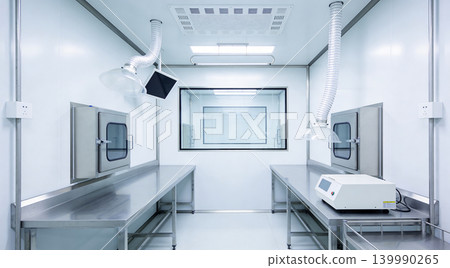 Modern sterile laboratory cleanroom with stainless steel equipment and air filtration Modern sterile laboratory cleanroom with stainless steel equipment and air filtration 139990265