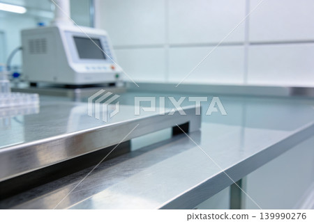 Scientist in sterile gloves holds a small clear vial with liquid in a laboratory setting Scientist in sterile gloves holds a small clear vial with liquid in a laboratory setting 139990276