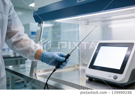 Scientist in sterile lab coat and gloves holds probe near digital display 139990286