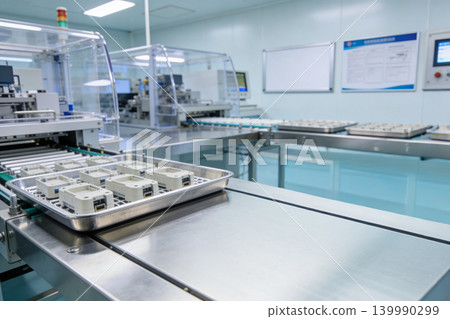 Gloved hand places electronic component on cleanroom assembly line Gloved hand places electronic component on cleanroom assembly line 139990299