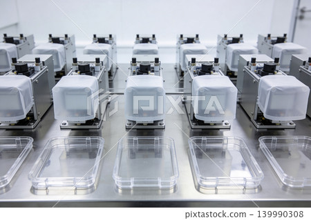 Rows of laboratory equipment with clear plastic trays in foreground Rows of laboratory equipment with clear plastic trays in foreground 139990308