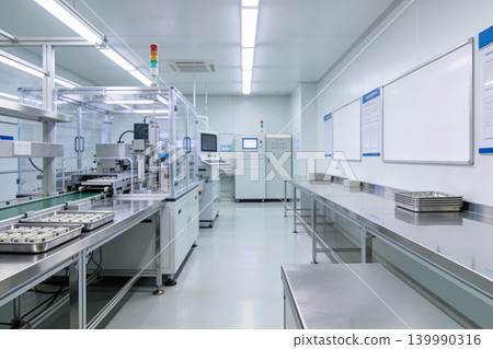 Modern cleanroom factory with automated assembly line and robotic arm in operation Modern cleanroom factory with automated assembly line and robotic arm in operation 139990316