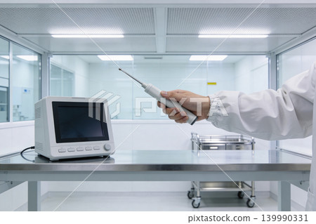 Scientist in cleanroom holding medical device near monitor for research Scientist in cleanroom holding medical device near monitor for research 139990331