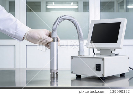 Scientist in lab coat and gloves holding medical device with digital screen and gauge Scientist in lab coat and gloves holding medical device with digital screen and gauge 139990332