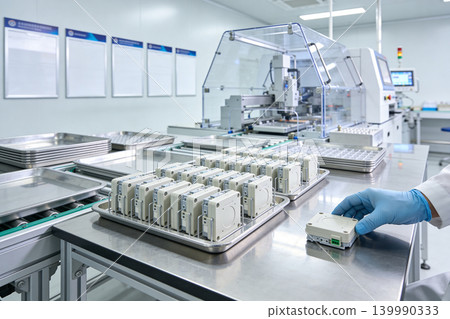 Automated assembly line in a cleanroom laboratory with electronic components Automated assembly line in a cleanroom laboratory with electronic components 139990333