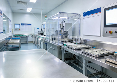 Modern cleanroom assembly line with automated machinery and technician handling components Modern cleanroom assembly line with automated machinery and technician handling components 139990343
