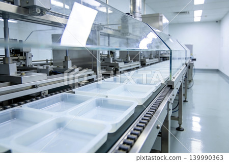 Automated conveyor belt with empty plastic trays in a cleanroom production line Automated conveyor belt with empty plastic trays in a cleanroom production line 139990363