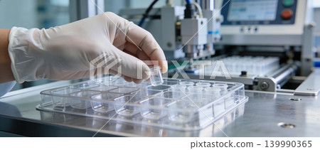 Scientist in sterile gloves carefully places a small vial into a laboratory tray Scientist in sterile gloves carefully places a small vial into a laboratory tray 139990365