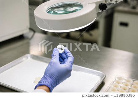 Scientist examines small component under magnifying lamp in laboratory setting Scientist examines small component under magnifying lamp in laboratory setting 139990390