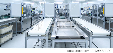 Automated production line with conveyor belts and machinery in a clean factory setting Automated production line with conveyor belts and machinery in a clean factory setting 139990402