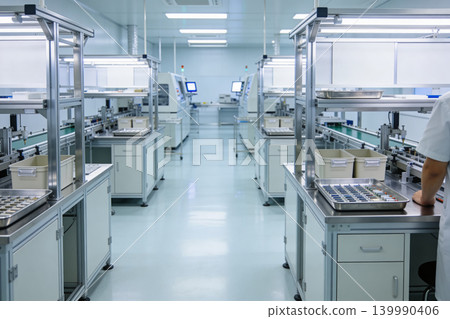 Modern cleanroom assembly line with automated machinery and components Modern cleanroom assembly line with automated machinery and components 139990406