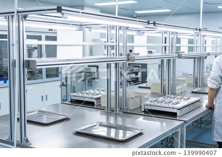 Cleanroom assembly line with metal workstations and organized components for manufacturing Cleanroom assembly line with metal workstations and organized components for manufacturing 139990407