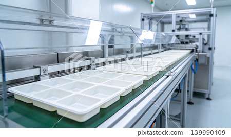 Automated production line with empty compartmentalized trays moving on a conveyor belt Automated production line with empty compartmentalized trays moving on a conveyor belt 139990409