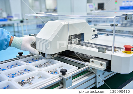 Automated assembly line worker operating precision manufacturing equipment 139990410