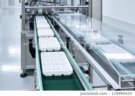 Automated production line with white trays moving on a conveyor belt Automated production line with white trays moving on a conveyor belt 139990429