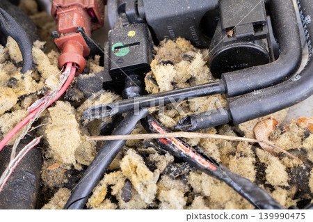 Damaged car wiring harness with frayed wires and insulation chewed by rodents Damaged car wiring harness with frayed wires and insulation chewed by rodents 139990475