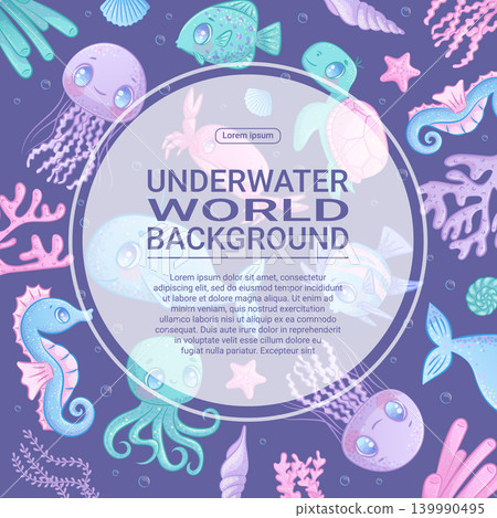 Colorful background with cute cartoon sea animals. Whale, jellyfish, octopus, fish, seahorse, turtle, crab, star. Children's vector illustration for the design of poster, flyer, postcard, invitation Colorful background with cute cartoon sea animals. Whale, jellyfish, octopus, fish, seahorse, turtle, crab, star. Children's vector illustration for the design of poster, flyer, postcard, invitation 139990495