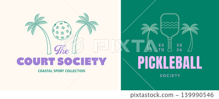 Pickleball club logo and poster template with tropical palm trees, paddles and ball. Vintage sports Pickleball club logo and poster template with tropical palm trees, paddles and ball. Vintage sports 139990546